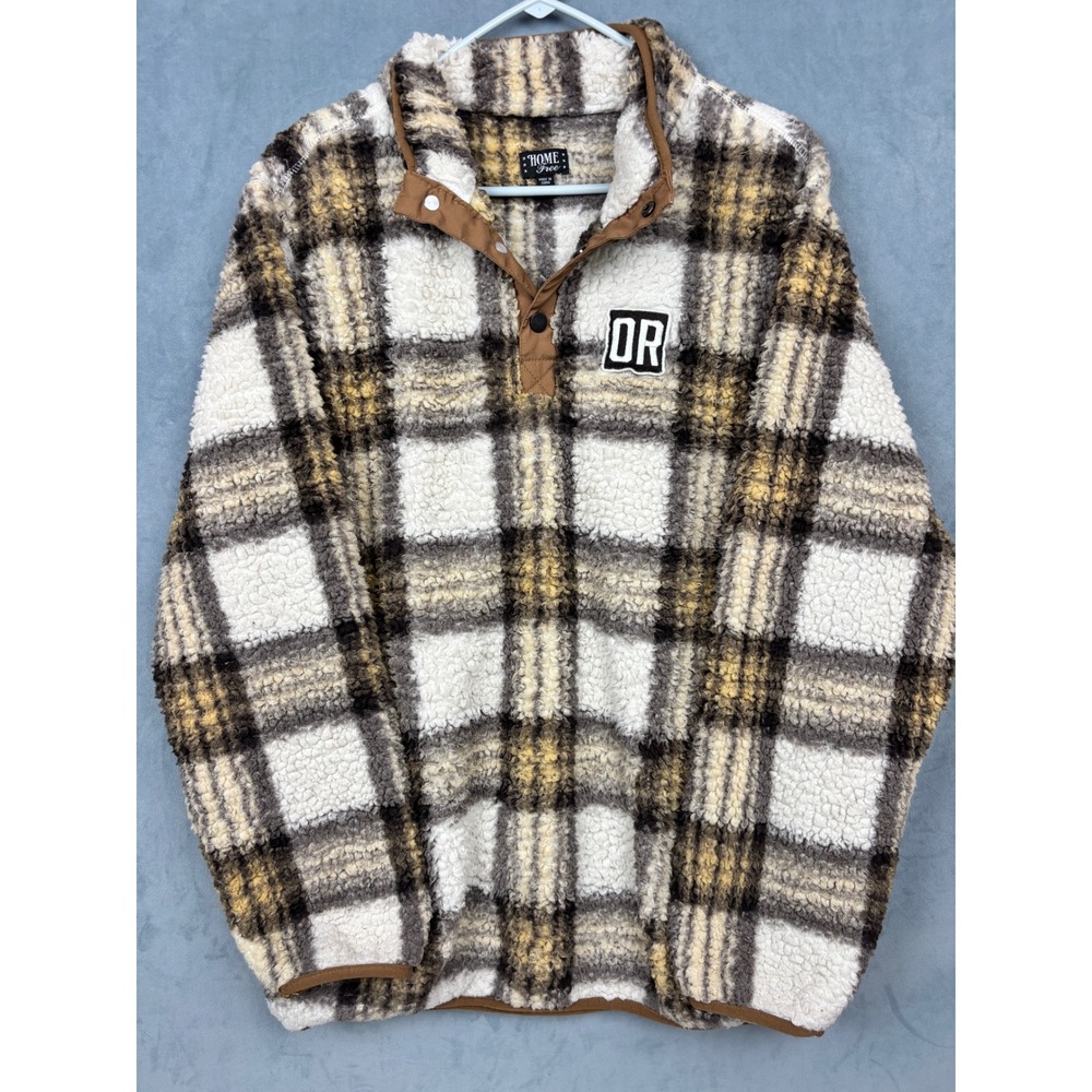 Home Free Mens Plaid Sherpa Fleece Pullover Snap Neck Brown Cream Yellow Large